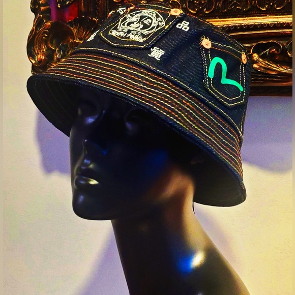 Evisu Multi-color Seagull Print Multi-Pockets Denim Bucket Hat Limited Edition - Picture 8 of 10